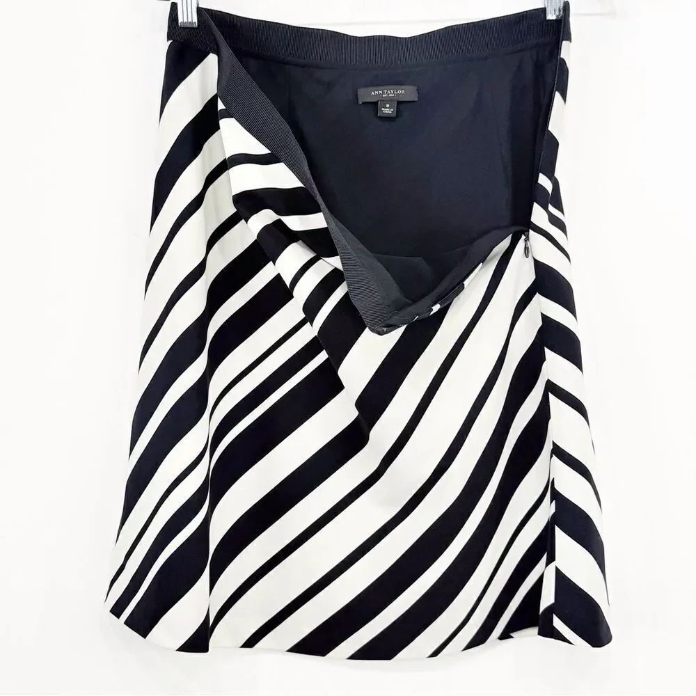 Ann Taylor Blue Black Ivory Diagonal Stripe A Line Flowy Skirt - Picture 9 of 13